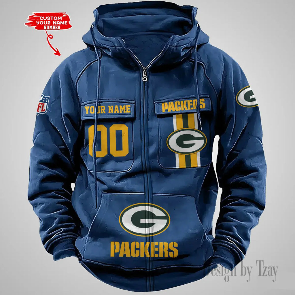 Green Bay Personalized Football Vintage Men’s Cargo Zip Hoodie