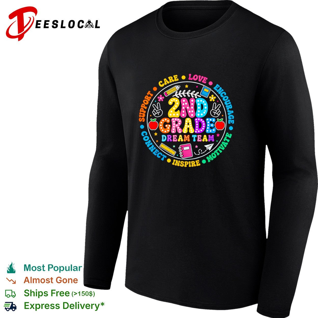 2nd grade dream team circular badge with school supplies icons and words shirt