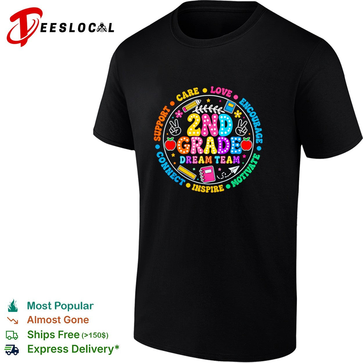 2nd grade dream team circular badge with school supplies icons and words shirt