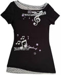 Women's Grunge Emo Musical Note Graphic Y2K Aesthetic Asymmetric Cold Shoulder Top Alt Indie Tee Streetwear