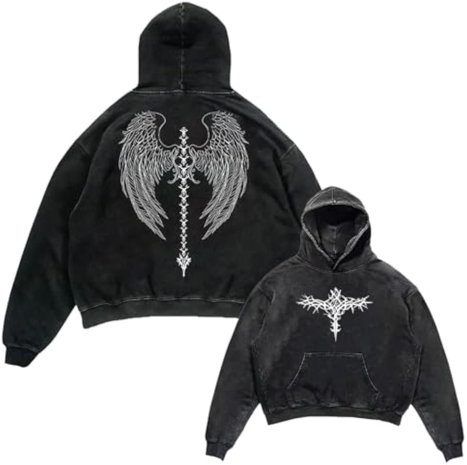 Unisex Y2K Aicd Wash Gothic Graphic s Oversize Grunge Skull Wing Print Casual Fit Pullover