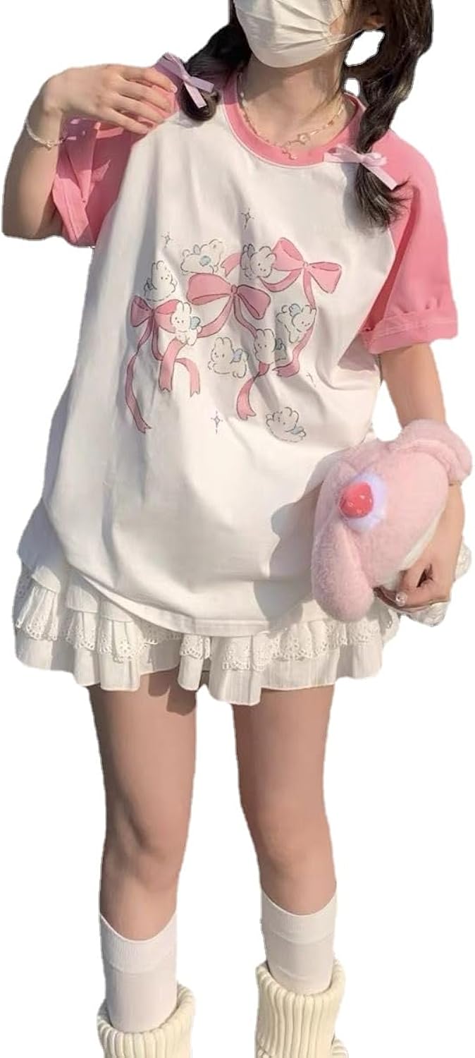 Kawaii Oversized Cute Pink Anime Shirt Japanese Harajuku Patchwork Tee Cartoon Print Loose Teen Girl Plus Size