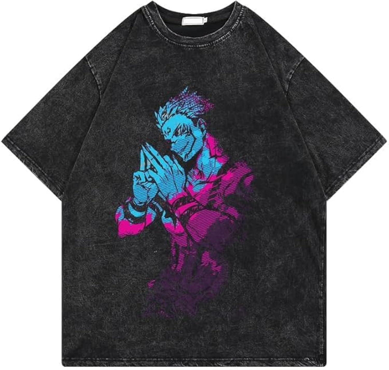 Men's Vintage Wash Anime Pattern Shirt Summer Casual Hip Hop Street Clothing Harajuku Top Y2K Top