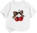 Girls Cute Cherry Shirts Kids Leopard Bow Tees Preppy Graphic T Shirt Aesthetic Short Sleeve Baggy Casual Tops