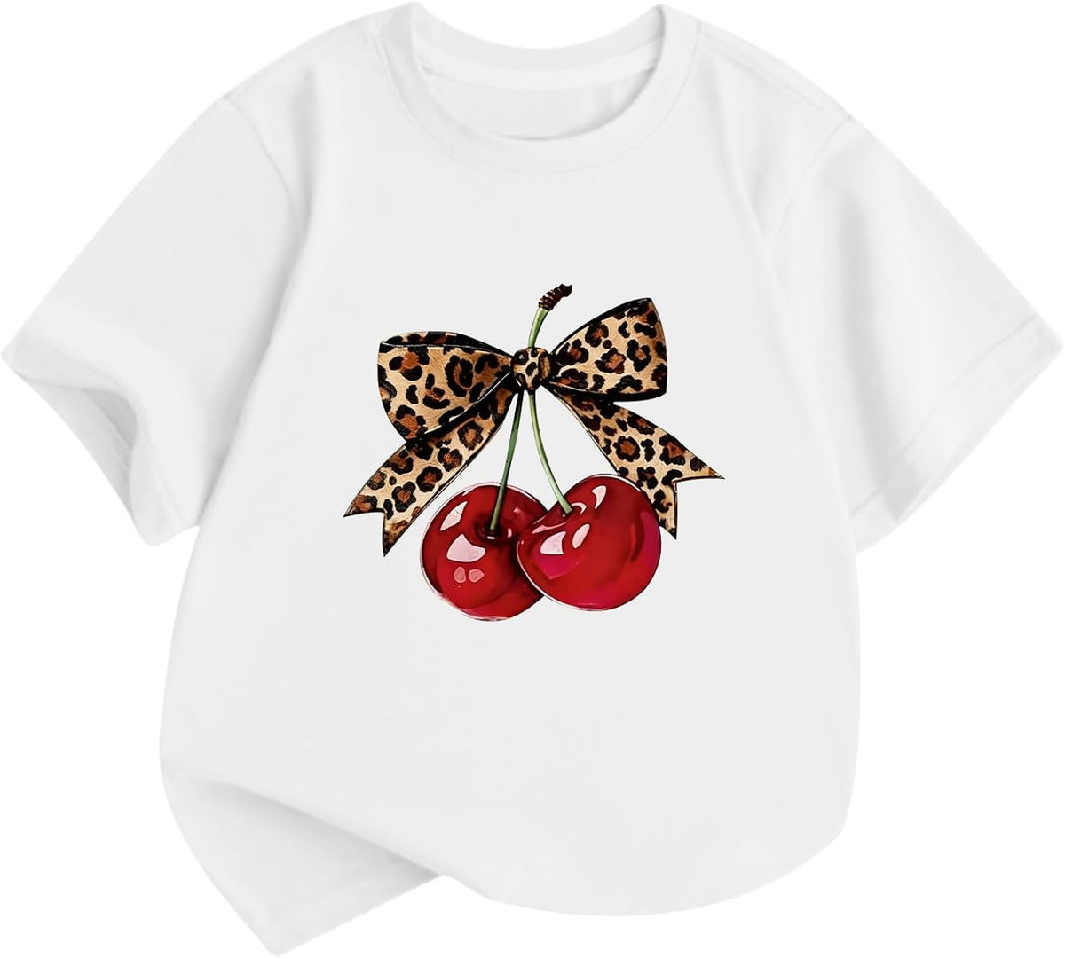 Girls Cute Cherry Shirts Kids Leopard Bow Tees Preppy Graphic T Shirt Aesthetic Short Sleeve Baggy Casual Tops