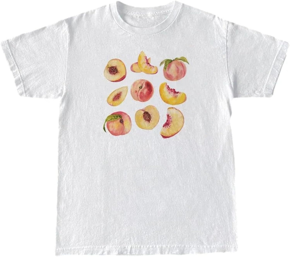 Vintage Peaches Printed Graphic Tees Summer Women Cute Short Sleeve Summer Fruit Shirt Aesthetic Tops