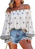 Women’s Boho Off The Shoulder Linen Blouse Long Lantern Sleeve Shirred Smocked Neck Frill Hem Vacation Clothes