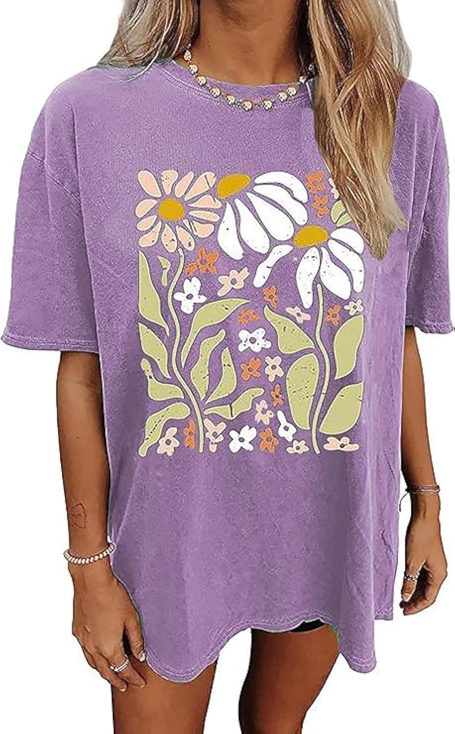 Oversized Graphic for Women Vintage Floral Shirt Rock Band Music Guitar Tee Casual Holiday Cute Plant Tops