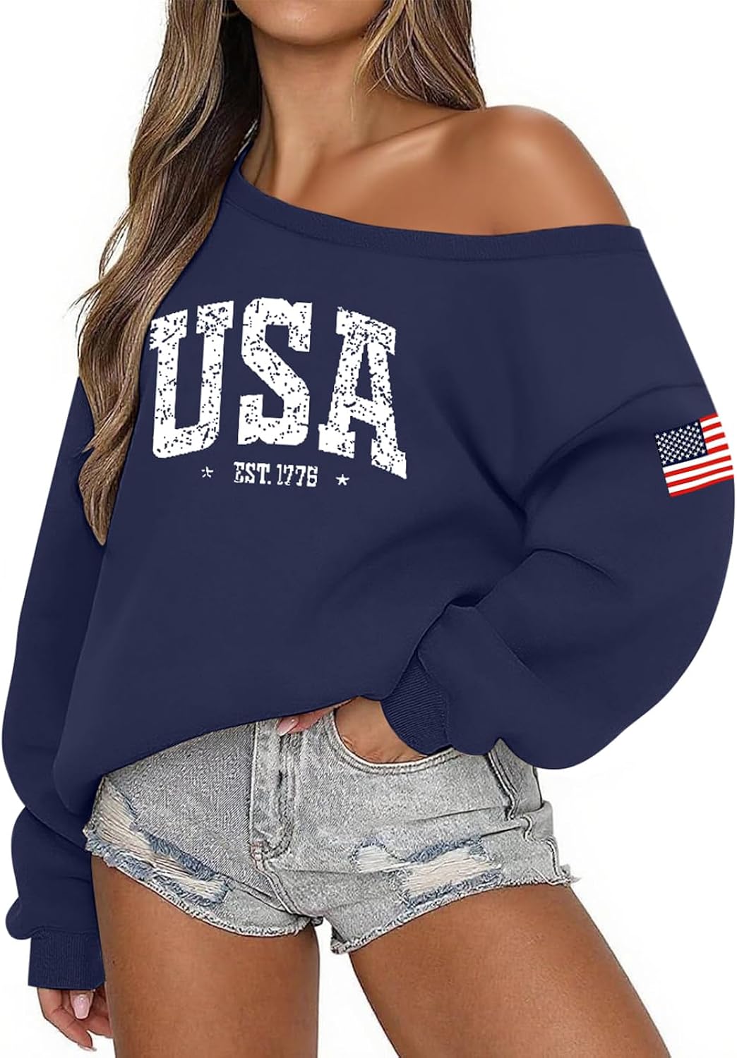 USA for Women Oversized Fleece Off the Shoulder Sweater Soft Long Sleeve 4th of July Outfits