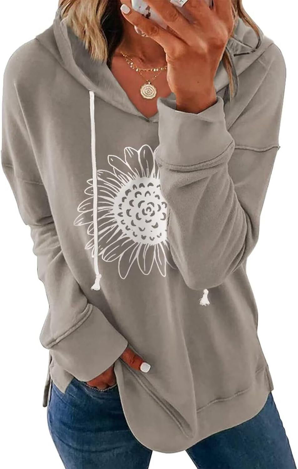 Women Sunflower Graphic s Long Sleeve Pullover Drawstring Loose Fit Tunic Tops