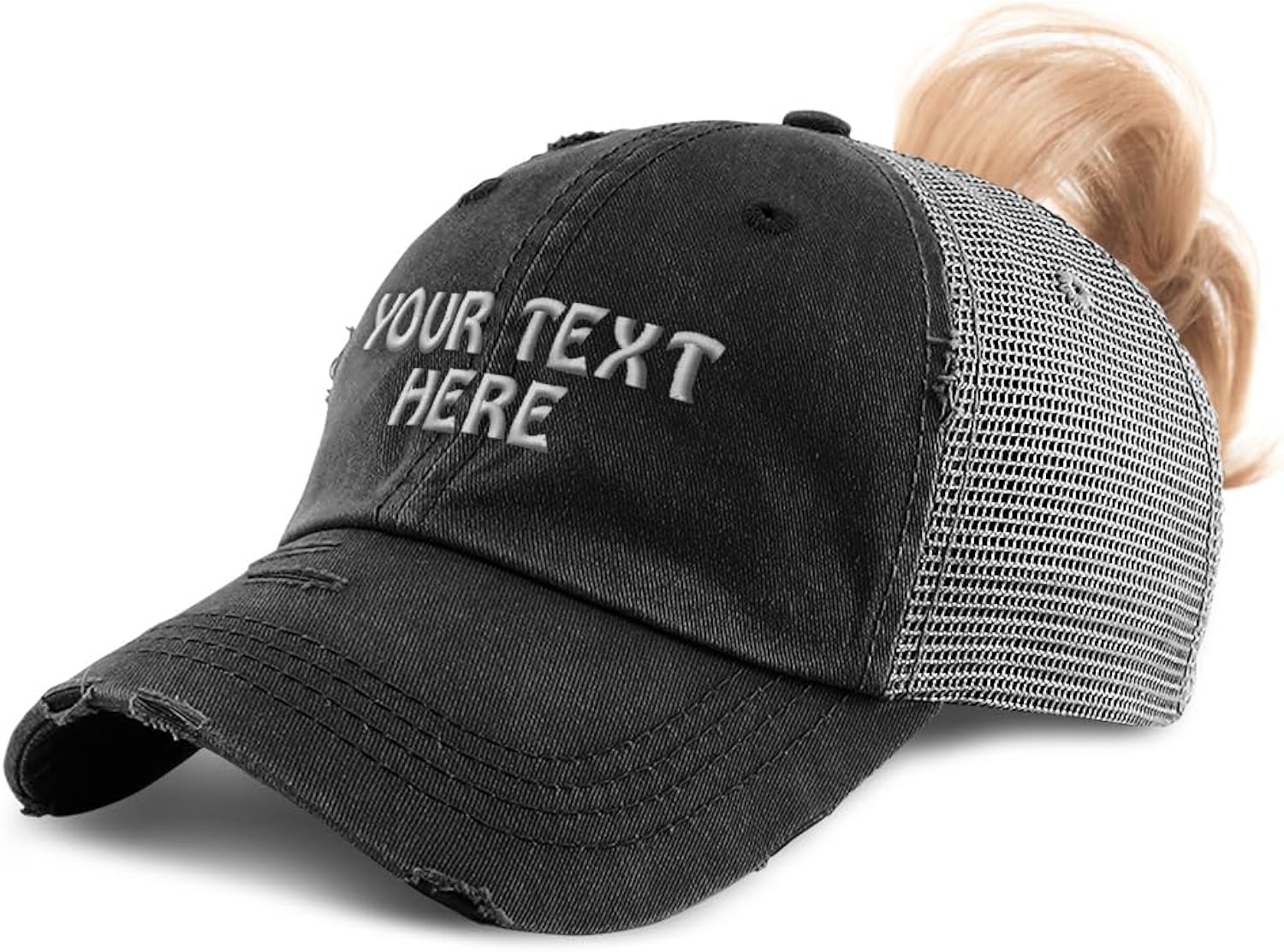 Womens Ponytail Cap Custom Hat Personalized Text & Name Distressed Moms Trucker Hats Unisex , , , Long Sleeve Tee