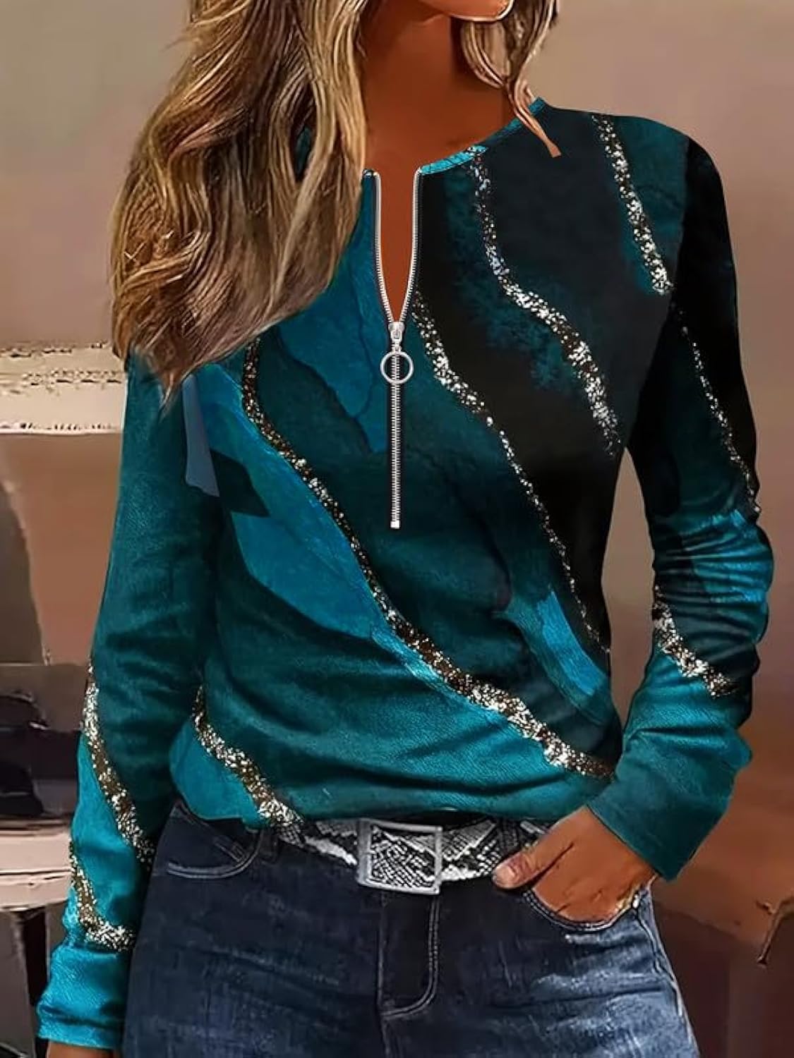 Women's Round Neck with Zipper Long Sleeve Allover Print Casual Elegant Office Tee Tops Blouse