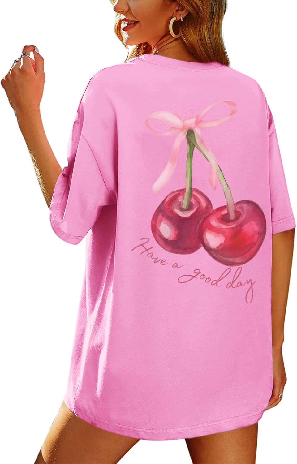 Oversized Graphic Tees for Women Trendy Cherry Printed Shirt Cute Summer Aesthetic Cotton Tshirts Tops for Teens