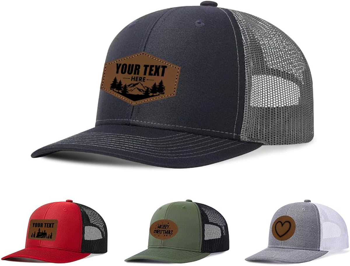 Custom Leather Patch Trucker Hat - Personalized Baseball Caps - Adjustable Custom Hats for Men & Women