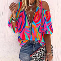 Women's Round Neck with Zipper Cold Shoulder Allover Colorful Print Casual Elegant Office Tee Tops Blouse