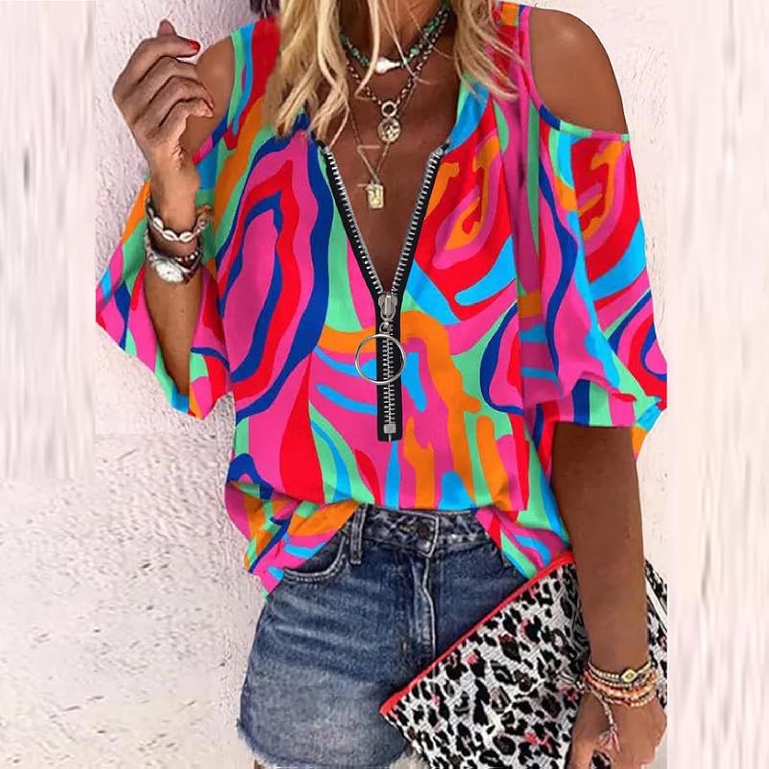 Women's Round Neck with Zipper Cold Shoulder Allover Colorful Print Casual Elegant Office Tee Tops Blouse