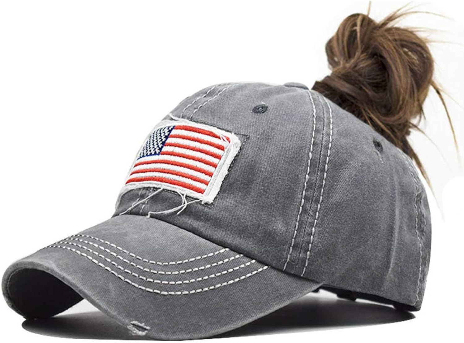 Distressed Ponytail Hat for Women American-Flag Pony Tail Caps High Bun Unisex , , , Long Sleeve Tee