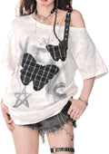 Women's Kawaii Off Shoulder Harajuku Sweet Girl White Tops Y2k Aesthetic Cute Tees Japanese Fashion Shirt