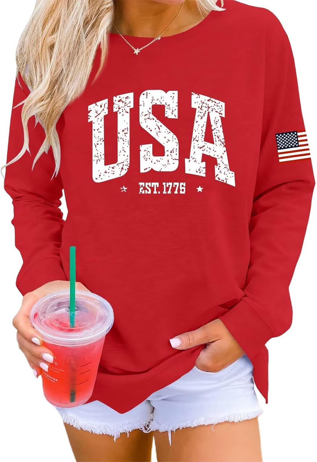 Womens USA Shirt Casual Long Sleeve Graphic Tees Knit Crew Neck s Loose Pullover