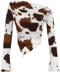 Women's Y2K Cow Print Bell Long Sleeve T Shirt Ruched Asymmetrical Neck Slim Fitted Tee Tops