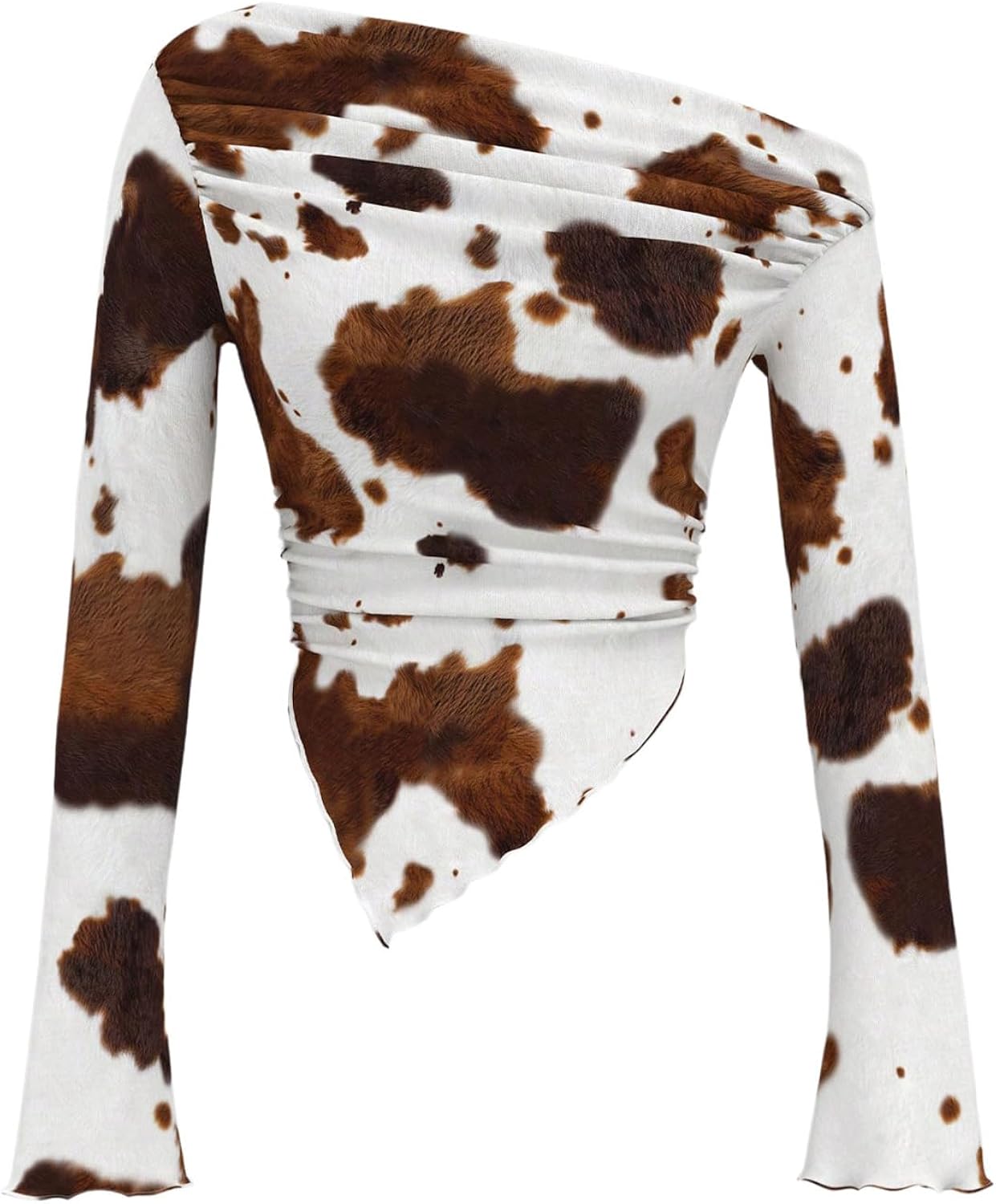 Women's Y2K Cow Print Bell Long Sleeve T Shirt Ruched Asymmetrical Neck Slim Fitted Tee Tops