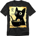 Anime Black Cat Meal T Shirt – Funny Cute Cat Japanese Food Tee for Men or Women, Unisex Adult