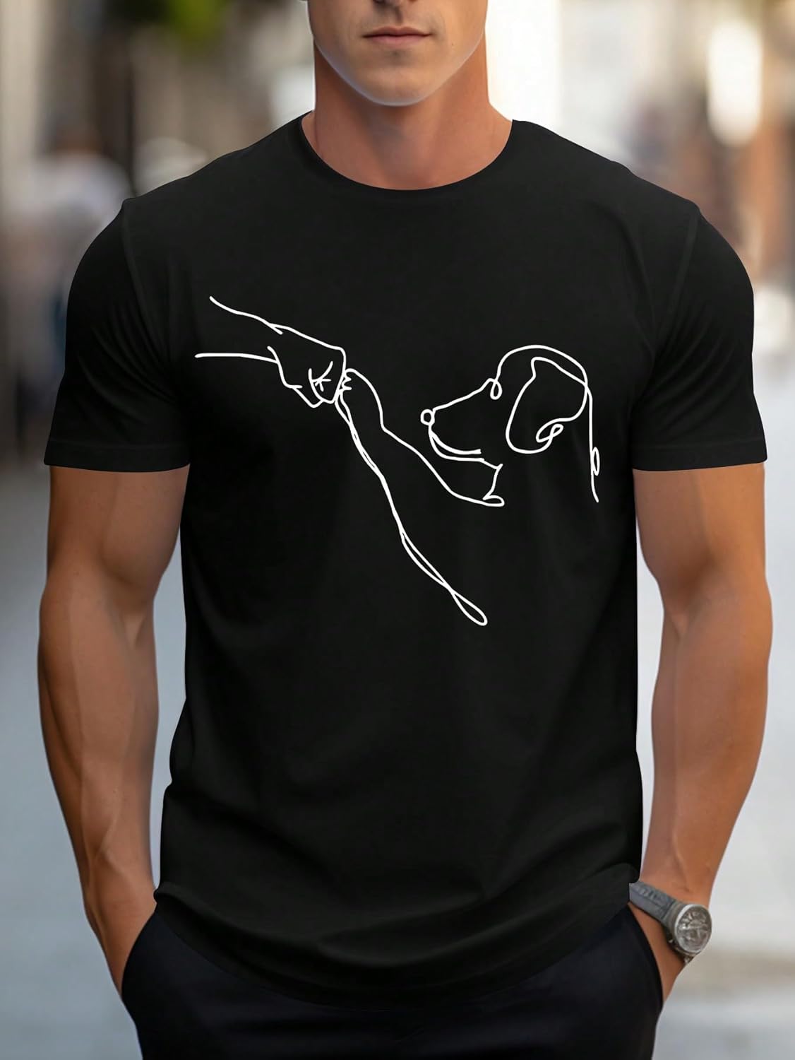 Men's Black Short Sleeve , Funny Dog Walking Line Art Graphic Tee, Casual Crew Neck Top for Pet Lovers