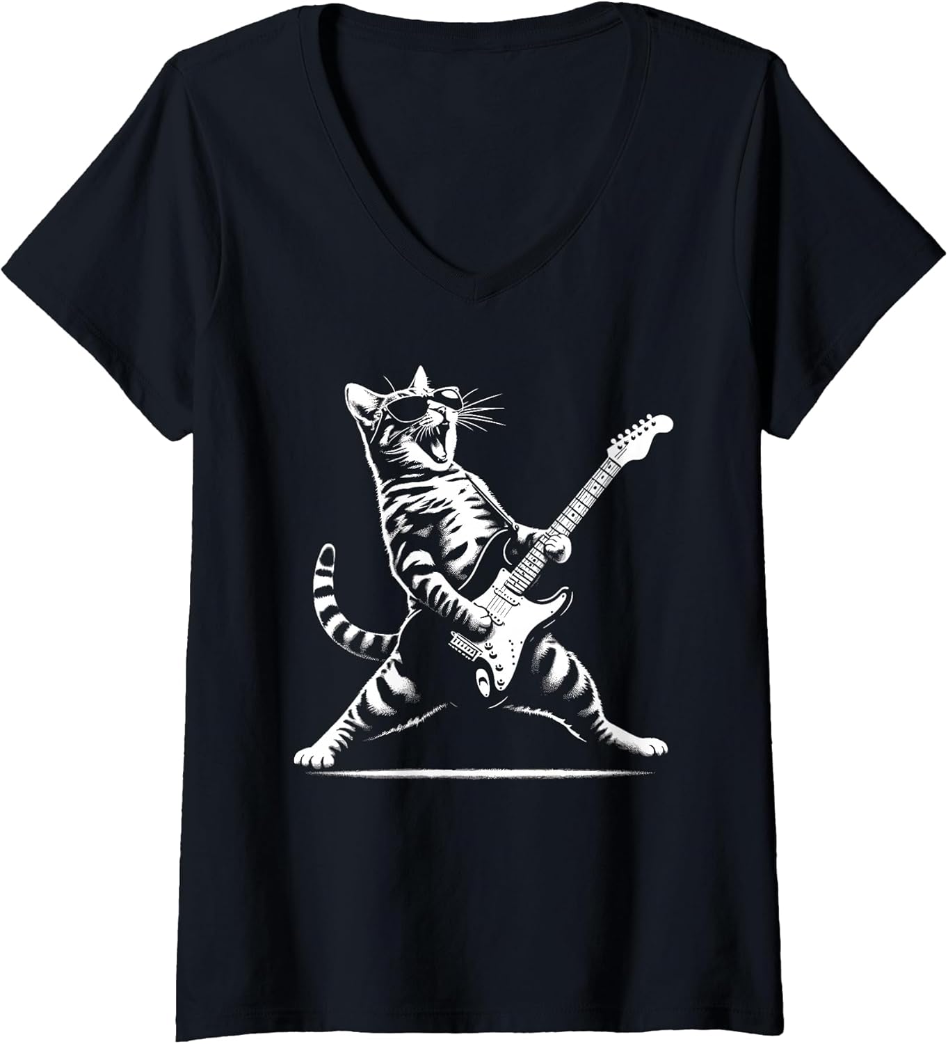 Womens Guitar Cat Novelty Rock Music Band Concert Funny Cat V-Neck Unisex , , , Long Sleeve Tee