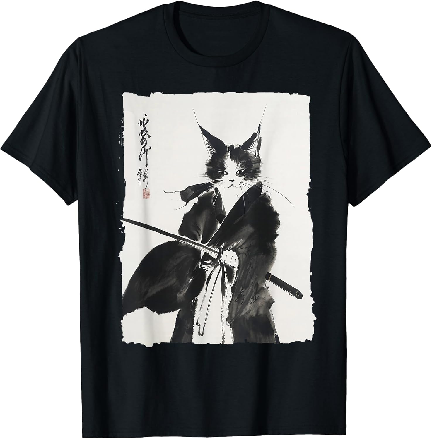 Samurai Cat Warrior Ink - Japanese Art Feline Katana Unisex , , , Long Sleeve Tee