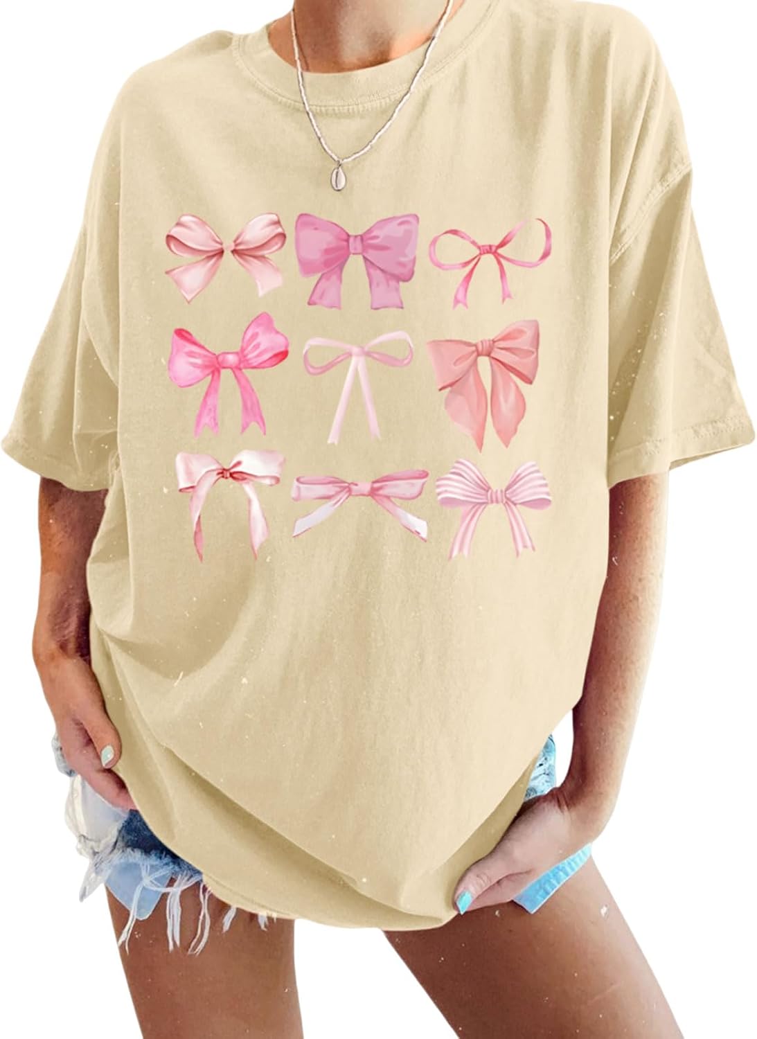 Bow Shirts for Women Oversized Tshirts Coquette Aesthetic Pink Bow Shirt Womens Cute Graphic Trendy Tees Top