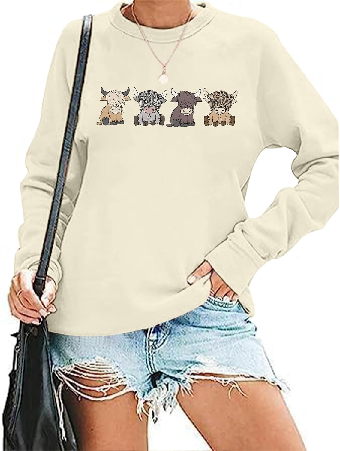 Women Highland Cow Cute Animal Graphic Farm Pullover Country Western Casual Long Sleeve Shirts Tops