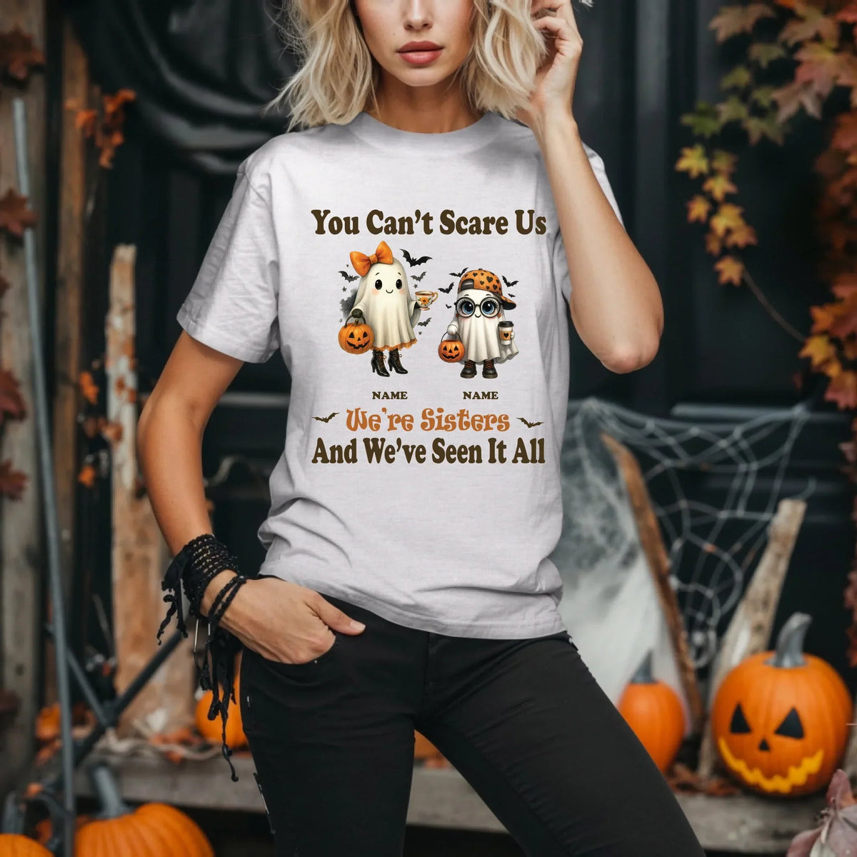 Personalized Sisters Halloween Shirt – Custom Names & Ghost Characters T-Shirts