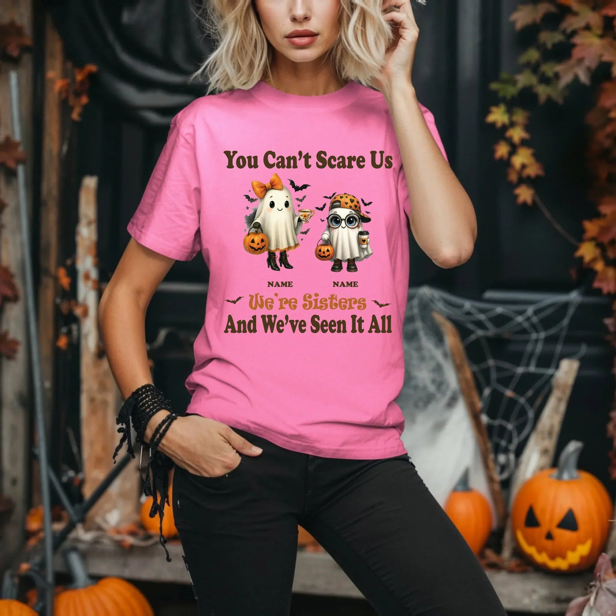 Personalized Sisters Halloween Shirt – Custom Names & Ghost Characters T-Shirts