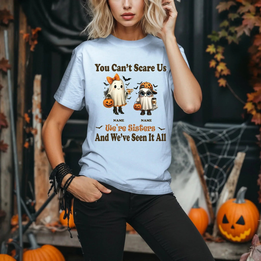 Personalized Sisters Halloween Shirt – Custom Names & Ghost Characters T-Shirts