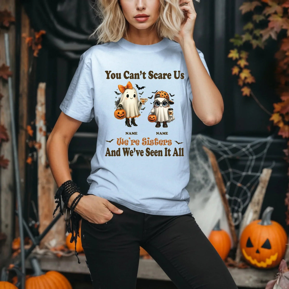 Personalized Sisters Halloween Shirt – Custom Names & Ghost Characters T-Shirts