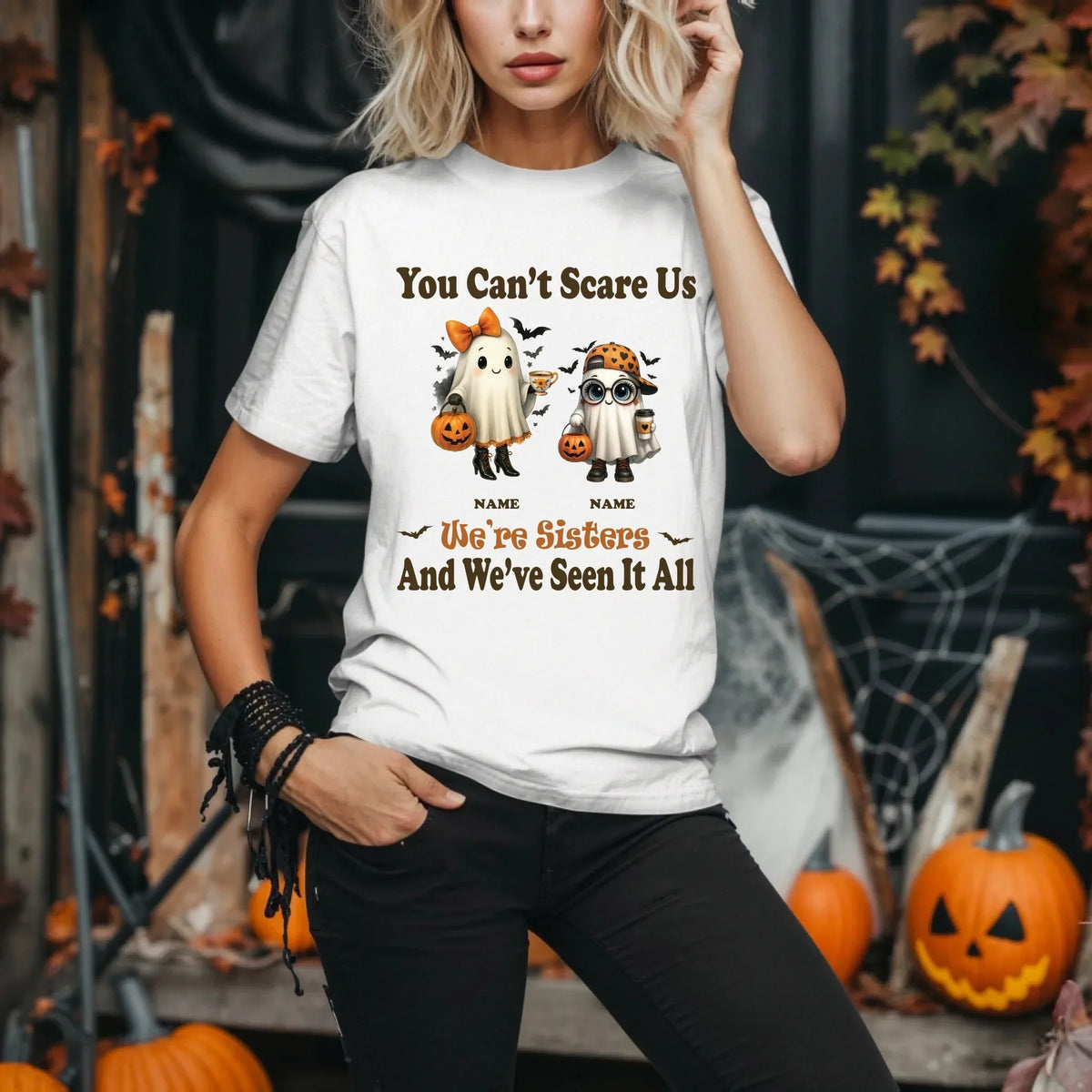 Personalized Sisters Halloween Shirt – Custom Names & Ghost Characters T-Shirts