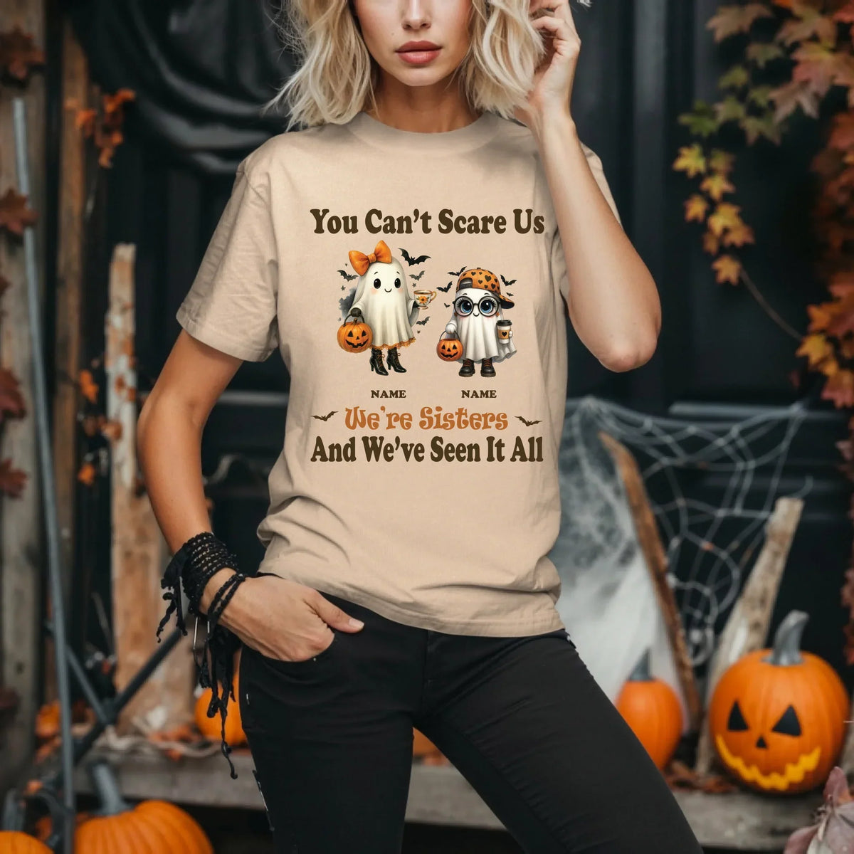 Personalized Sisters Halloween Shirt – Custom Names & Ghost Characters T-Shirts