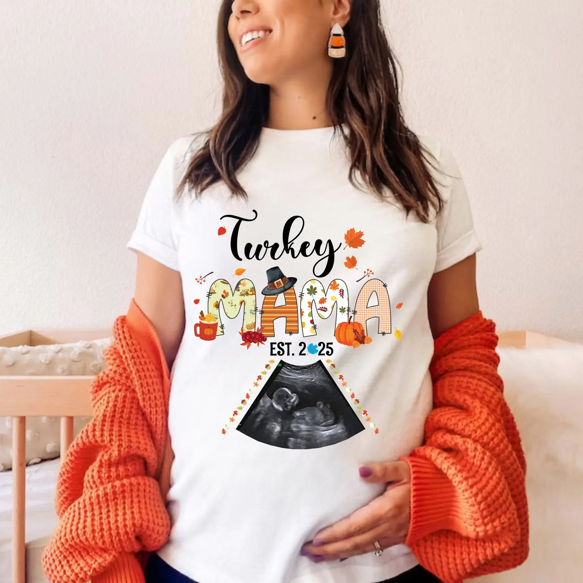 Custom “Turkey Mama EST 2025” Maternity Shirt – Personalized Ultrasound Photo T-Shirts