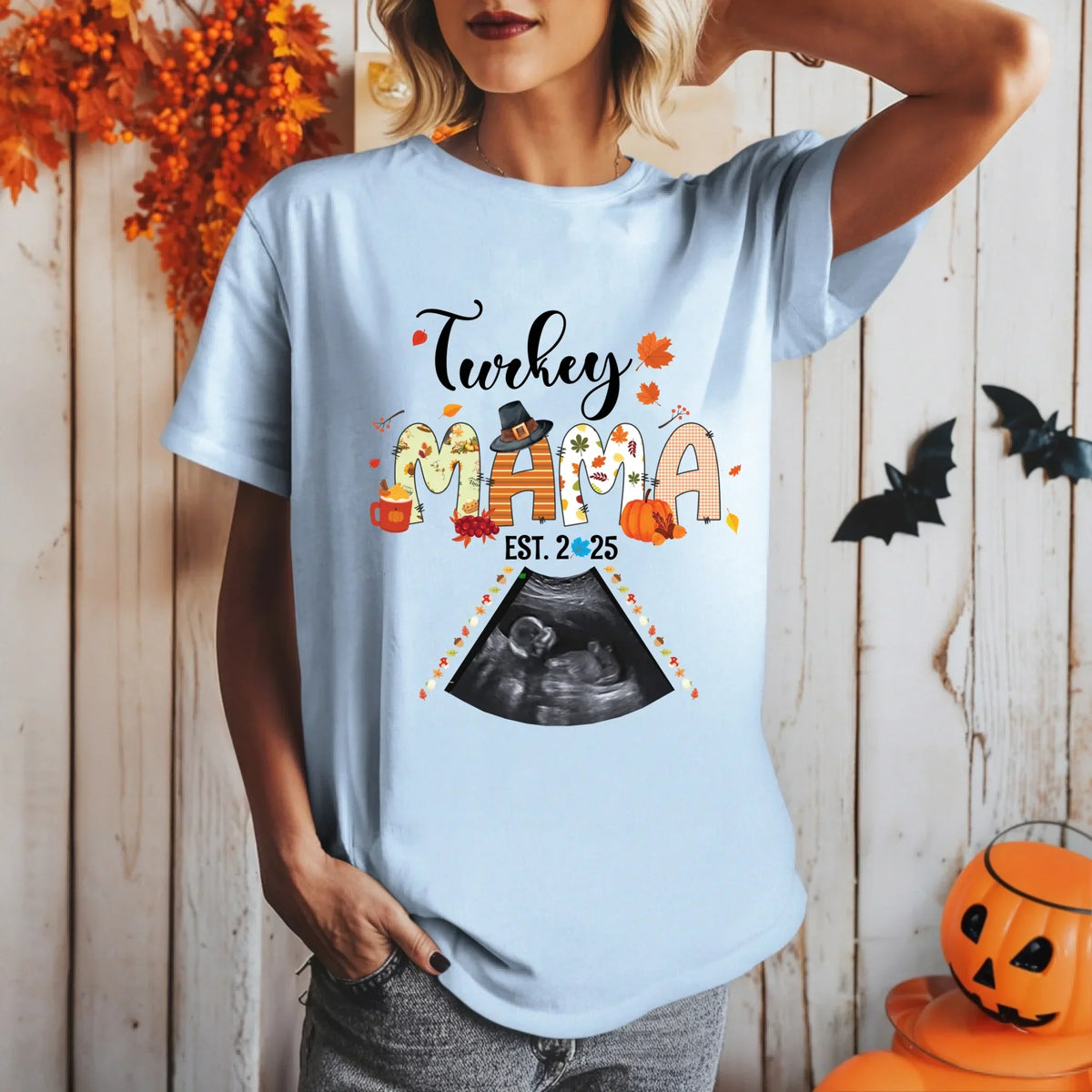Custom “Turkey Mama EST 2025” Maternity Shirt – Personalized Ultrasound Photo T-Shirts