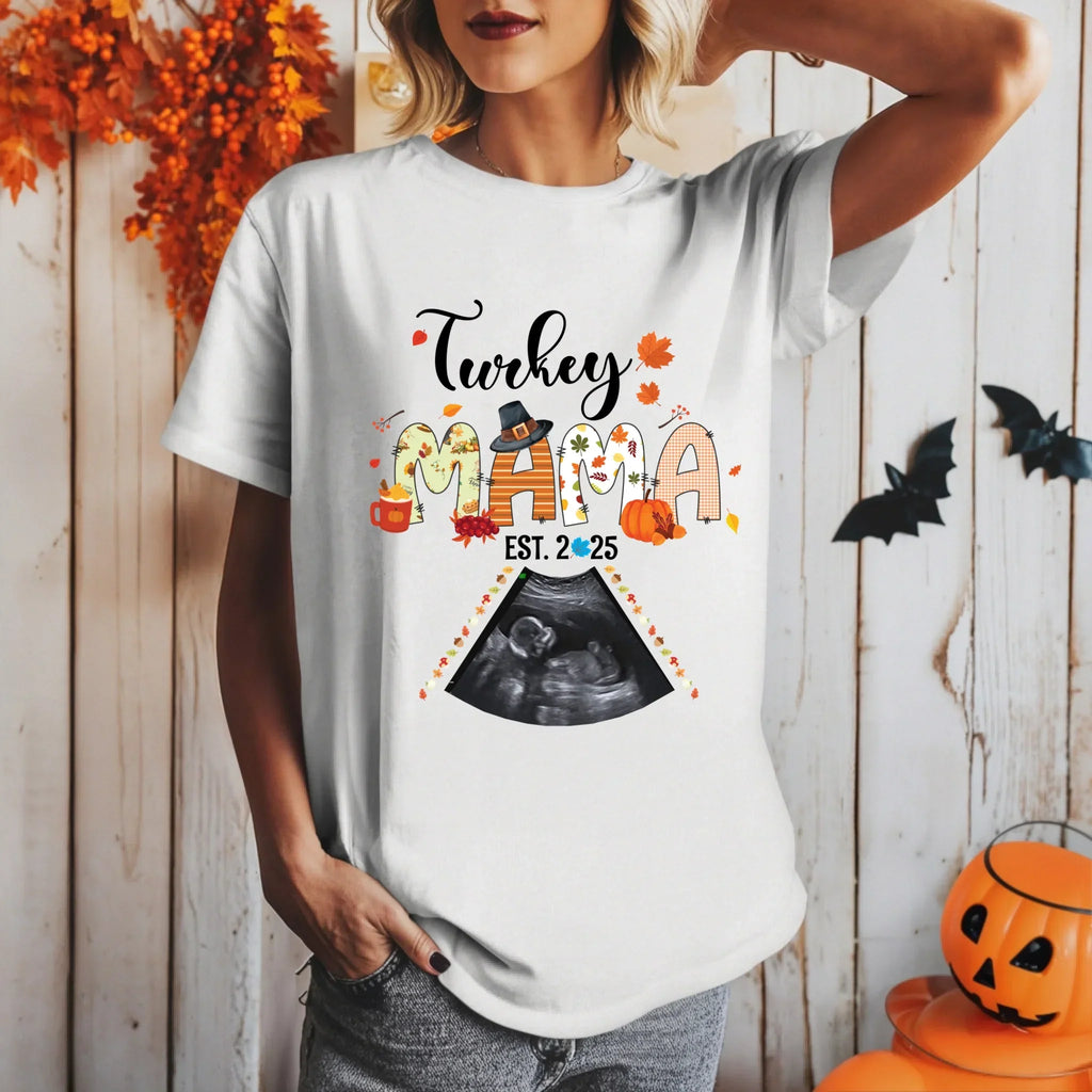 Custom “Turkey Mama EST 2025” Maternity Shirt – Personalized Ultrasound Photo T-Shirts