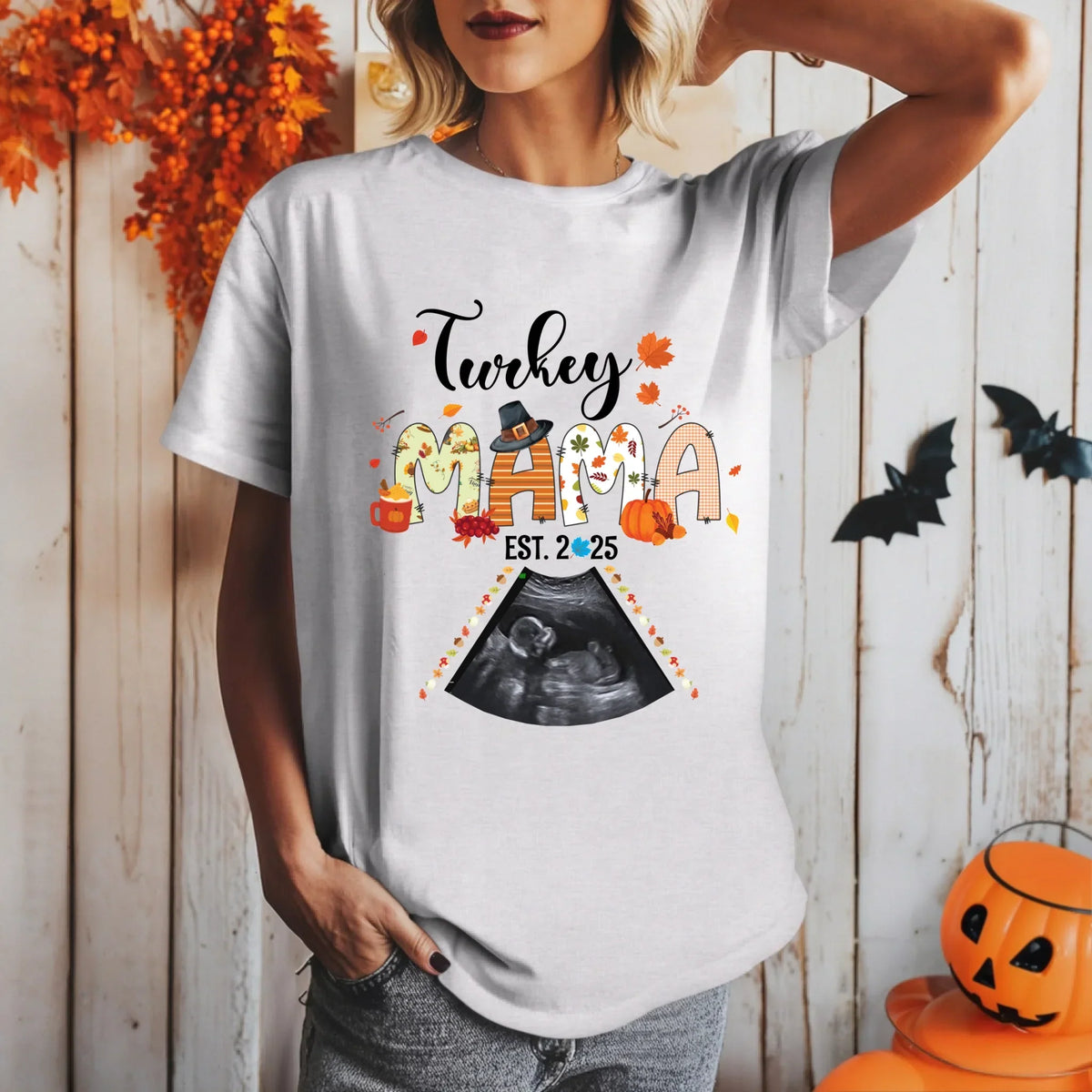 Custom “Turkey Mama EST 2025” Maternity Shirt – Personalized Ultrasound Photo T-Shirts