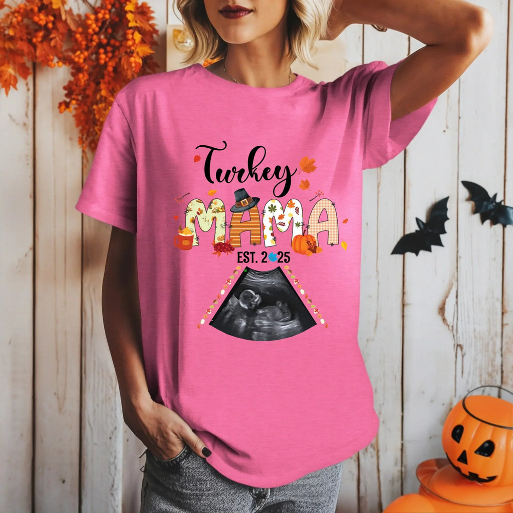 Custom “Turkey Mama EST 2025” Maternity Shirt – Personalized Ultrasound Photo T-Shirts