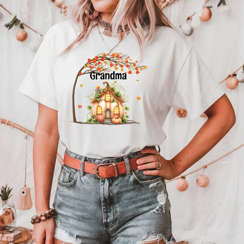 Personalized Pumpkin House Grandma Mommy Shirt – Custom Family Names Fall T-Shirts
