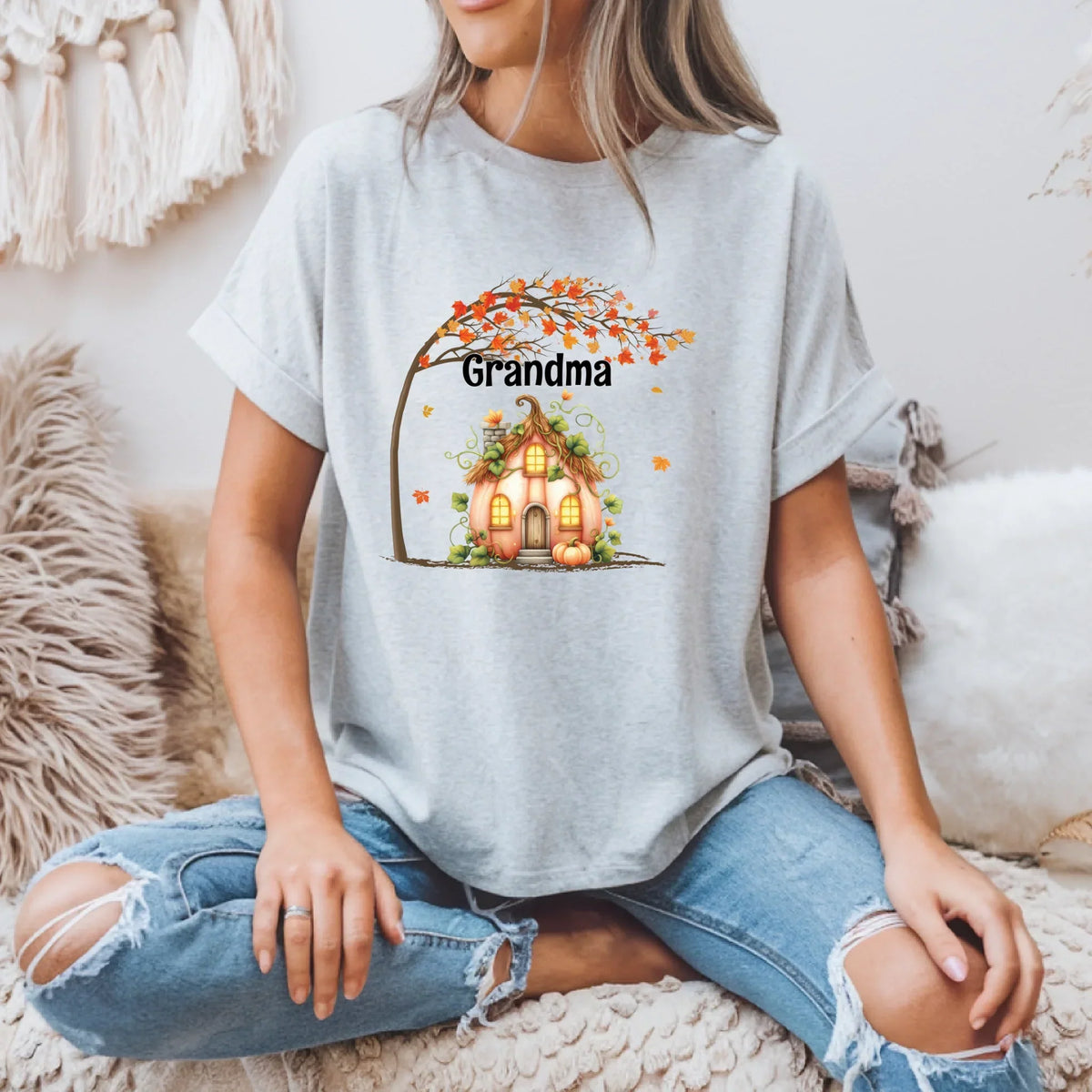 Personalized Pumpkin House Grandma Mommy Shirt – Custom Family Names Fall T-Shirts