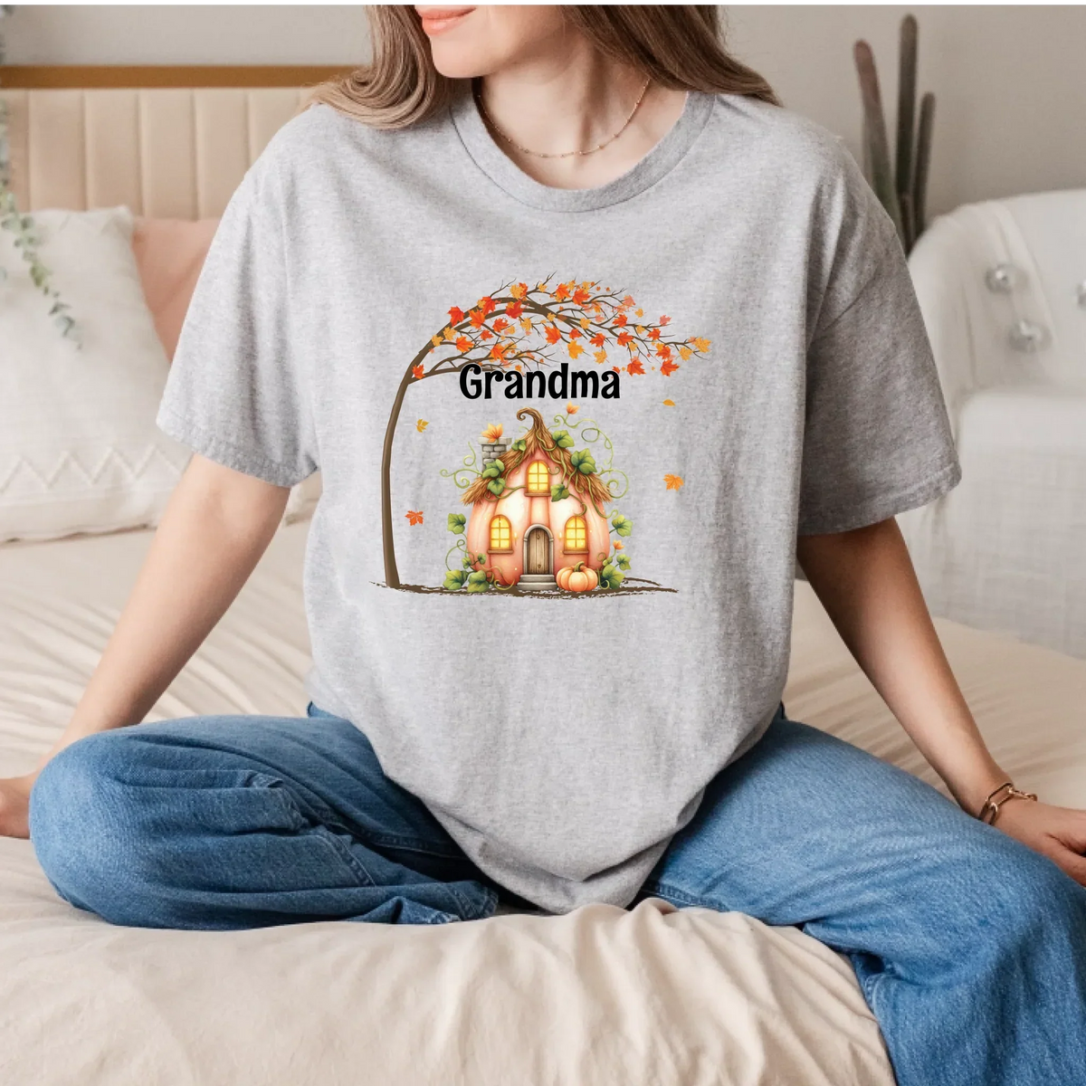 Personalized Pumpkin House Grandma Mommy Shirt – Custom Family Names Fall T-Shirts