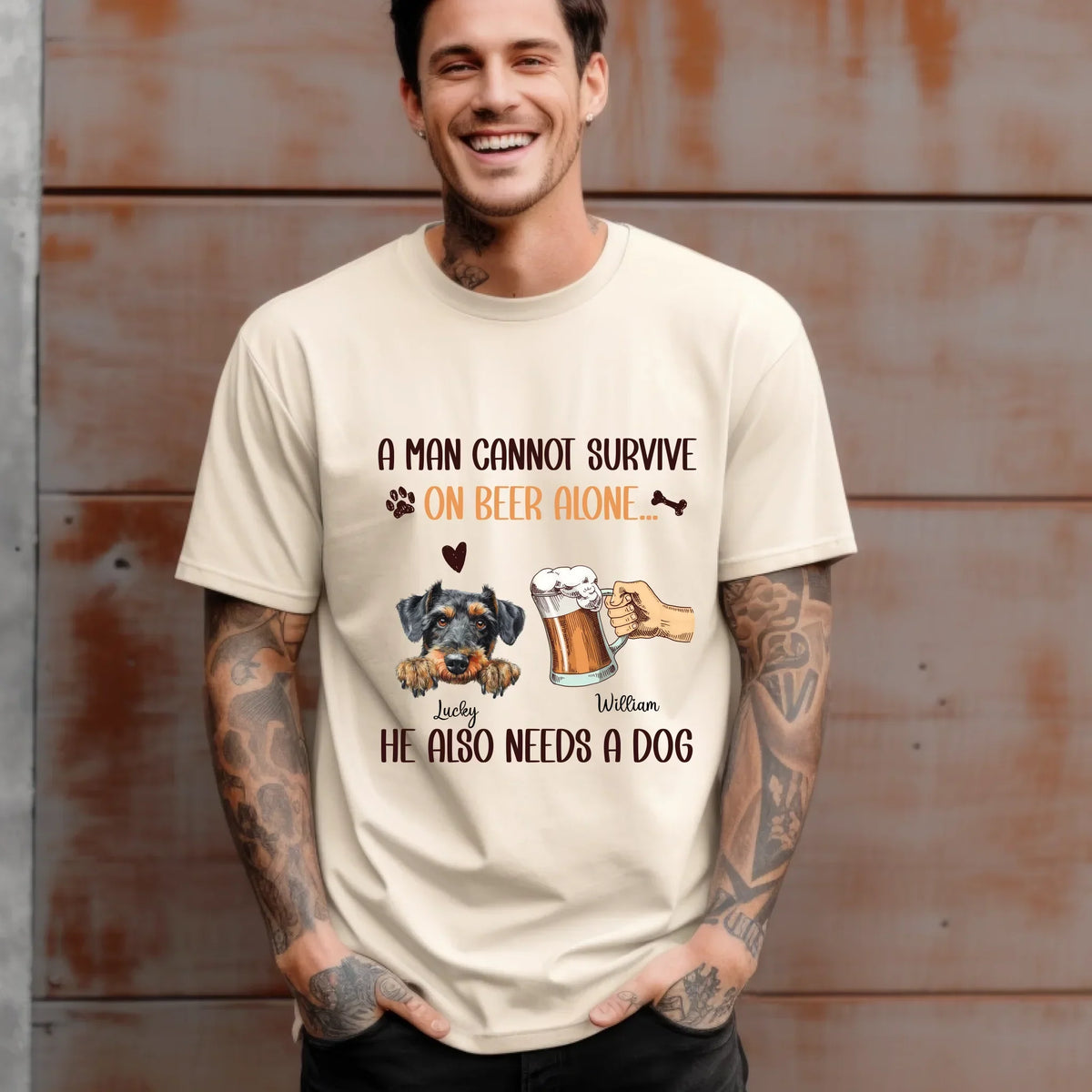 Personalized Beer & Dog Lover – Man Cannot Survive Beer Alone – Custom Dog Breed & Name T-Shirts