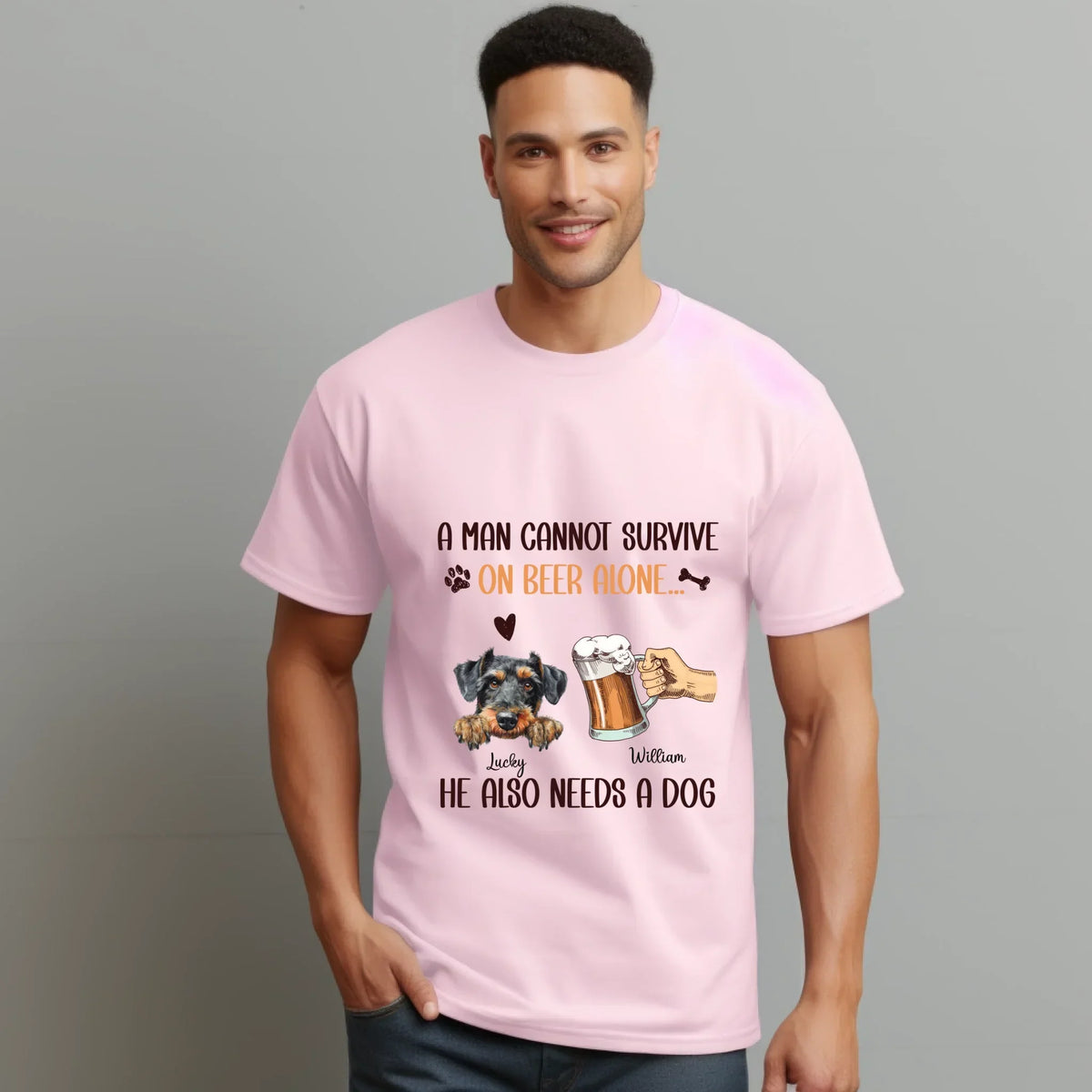 Personalized Beer & Dog Lover – Man Cannot Survive Beer Alone – Custom Dog Breed & Name T-Shirts