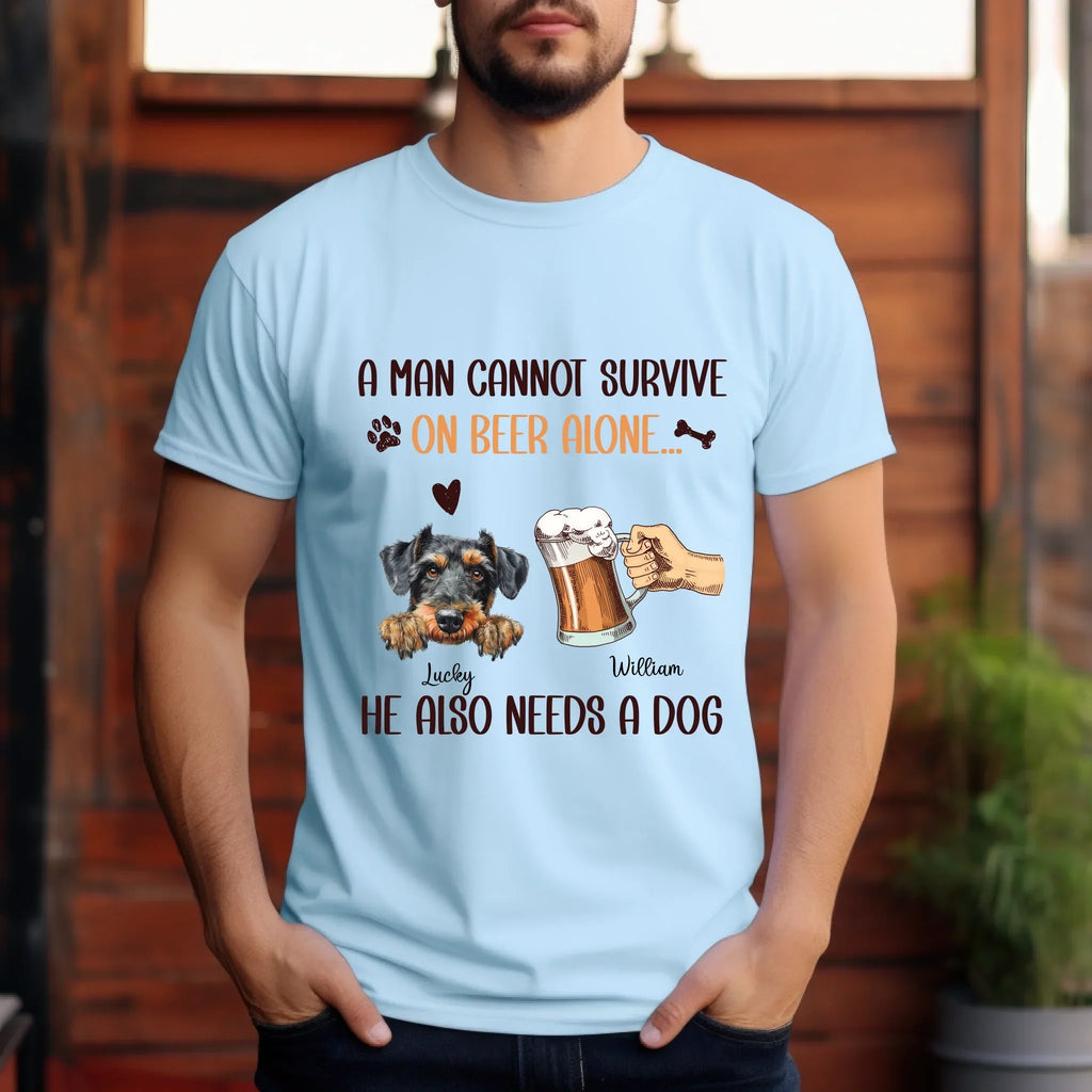Personalized Beer & Dog Lover – Man Cannot Survive Beer Alone – Custom Dog Breed & Name T-Shirts