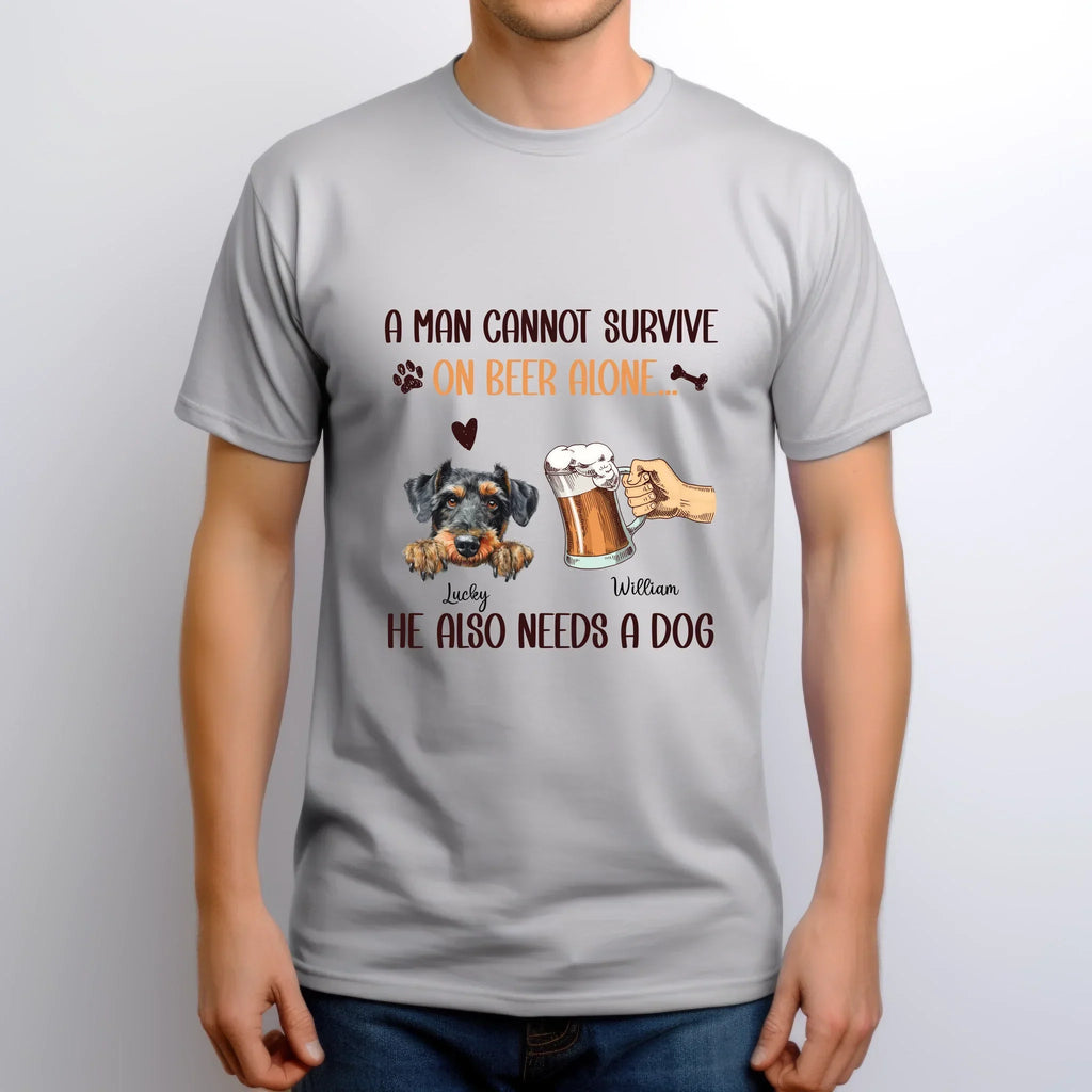 Personalized Beer & Dog Lover – Man Cannot Survive Beer Alone – Custom Dog Breed & Name T-Shirts