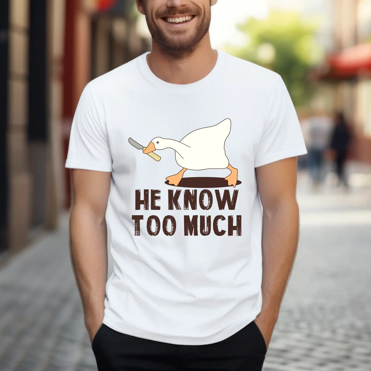 Funny Goose – He Know Too Much – Meme & T-Shirts